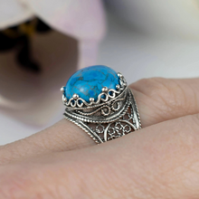 Load image into Gallery viewer, Sterling Silver Filigree Art Turquoise Gemstone Cocktail Women Ring
