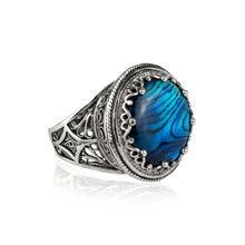 Load image into Gallery viewer, Sterling Silver Filigree Art Blue Abalone Gemstone Bold Statement Ring
