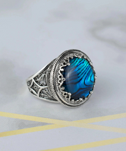 Load image into Gallery viewer, Sterling Silver Filigree Art Blue Abalone Gemstone Bold Statement Ring