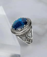 Load image into Gallery viewer, Sterling Silver Filigree Art Blue Abalone Gemstone Bold Statement Ring