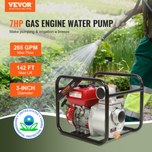 Load image into Gallery viewer, VEVOR Gasoline Engine Water Pump, 3-inch, 7HP 265 GPM, 142ft Lift, 22ft Suction, 4-Stroke Gas Powered Trash Water Transfer Pump Portable High Pressure with 25ft Hose for Irrigation Pool, EPA Certified