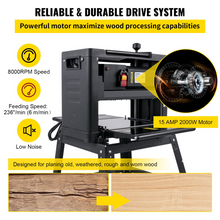 Load image into Gallery viewer, VEVOR Thickness Planer 12.5 inch Wood Planer Foldable 1500W Thickness Planer Woodworking 315"/min Feed Rate Double Cutter Benchtop Thickness Planer with Dust Exhaust Interface Stand for Woodworking