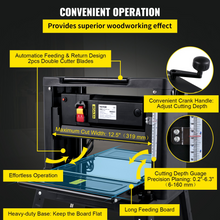 Load image into Gallery viewer, VEVOR Thickness Planer 12.5 inch Wood Planer Foldable 1500W Thickness Planer Woodworking 315"/min Feed Rate Double Cutter Benchtop Thickness Planer with Dust Exhaust Interface Stand for Woodworking