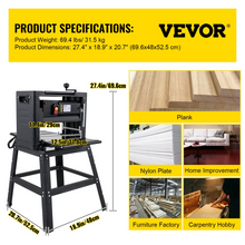 Load image into Gallery viewer, VEVOR Thickness Planer 12.5 inch Wood Planer Foldable 1500W Thickness Planer Woodworking 315"/min Feed Rate Double Cutter Benchtop Thickness Planer with Dust Exhaust Interface Stand for Woodworking