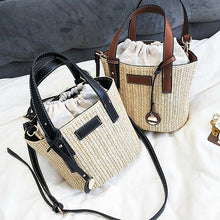 Load image into Gallery viewer, Straw Shoulder Bucket Bag with Vegan Leather Handle