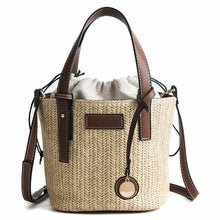 Load image into Gallery viewer, Straw Shoulder Bucket Bag with Vegan Leather Handle