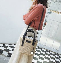 Load image into Gallery viewer, Straw Shoulder Bucket Bag with Vegan Leather Handle