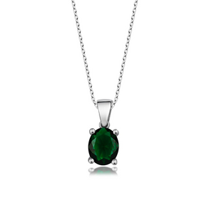 Sterling Silver Pendant Necklace - Oval Cut Sapphire Necklace - Emerald Crystal Necklace With Zirconium Stones