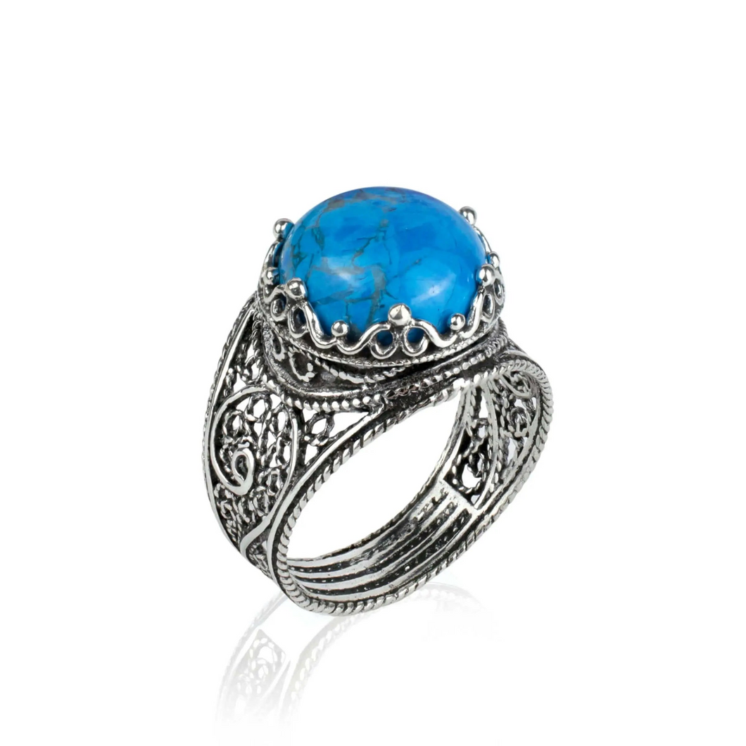 Sterling Silver Filigree Art Turquoise Gemstone Cocktail Women Ring