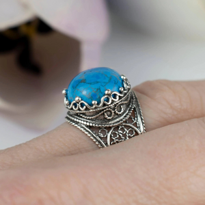 Sterling Silver Filigree Art Turquoise Gemstone Cocktail Women Ring