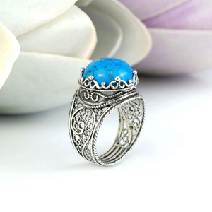 Sterling Silver Filigree Art Turquoise Gemstone Cocktail Women Ring