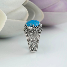 Load image into Gallery viewer, Sterling Silver Filigree Art Turquoise Gemstone Cocktail Women Ring
