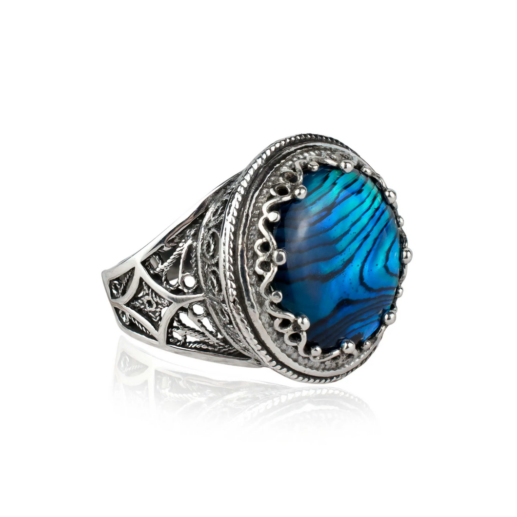 Sterling Silver Filigree Art Blue Abalone Gemstone Bold Statement Ring