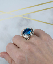 Load image into Gallery viewer, Sterling Silver Filigree Art Blue Abalone Gemstone Bold Statement Ring
