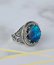 Load image into Gallery viewer, Sterling Silver Filigree Art Blue Abalone Gemstone Bold Statement Ring
