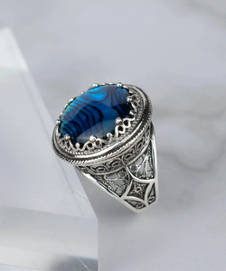 Sterling Silver Filigree Art Blue Abalone Gemstone Bold Statement Ring