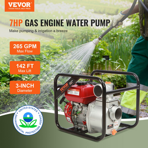 VEVOR Gasoline Engine Water Pump, 3-inch, 7HP 265 GPM, 142ft Lift, 22ft Suction, 4-Stroke Gas Powered Trash Water Transfer Pump Portable High Pressure with 25ft Hose for Irrigation Pool, EPA Certified