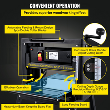 Load image into Gallery viewer, VEVOR Thickness Planer 12.5 inch Wood Planer Foldable 1500W Thickness Planer Woodworking 315&quot;/min Feed Rate Double Cutter Benchtop Thickness Planer with Dust Exhaust Interface Stand for Woodworking
