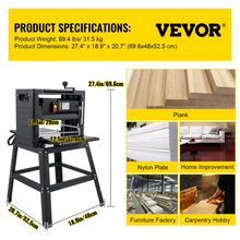 Load image into Gallery viewer, VEVOR Thickness Planer 12.5 inch Wood Planer Foldable 1500W Thickness Planer Woodworking 315&quot;/min Feed Rate Double Cutter Benchtop Thickness Planer with Dust Exhaust Interface Stand for Woodworking
