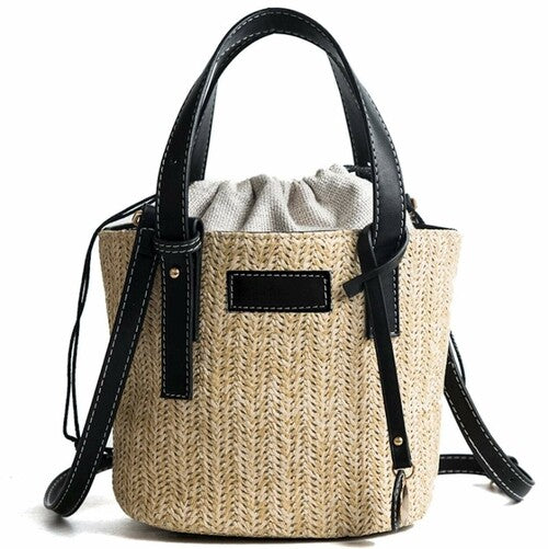 Straw Shoulder Bucket Bag with Vegan Leather Handle