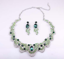 Load image into Gallery viewer, Europe and America luxury green crystal drill, short clavicle necklace, earring set dress, dinner party, bride woman jewelry
