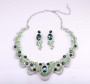 Europe and America luxury green crystal drill, short clavicle necklace, earring set dress, dinner party, bride woman jewelry