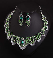 Load image into Gallery viewer, Europe and America luxury green crystal drill, short clavicle necklace, earring set dress, dinner party, bride woman jewelry
