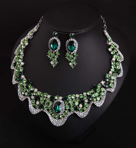 Europe and America luxury green crystal drill, short clavicle necklace, earring set dress, dinner party, bride woman jewelry