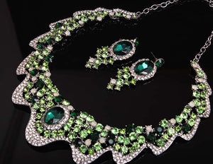 Europe and America luxury green crystal drill, short clavicle necklace, earring set dress, dinner party, bride woman jewelry