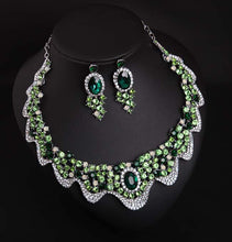 Load image into Gallery viewer, Europe and America luxury green crystal drill, short clavicle necklace, earring set dress, dinner party, bride woman jewelry
