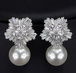 Pearl Earrings for Women with Luxury Fireworks Shaped Cubic Zirconia Woman Jewelry Birthday Gift