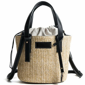 Straw Shoulder Bucket Bag with Vegan Leather Handle