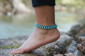 Turquoise Teardrop Bead Boho Silver Anklet